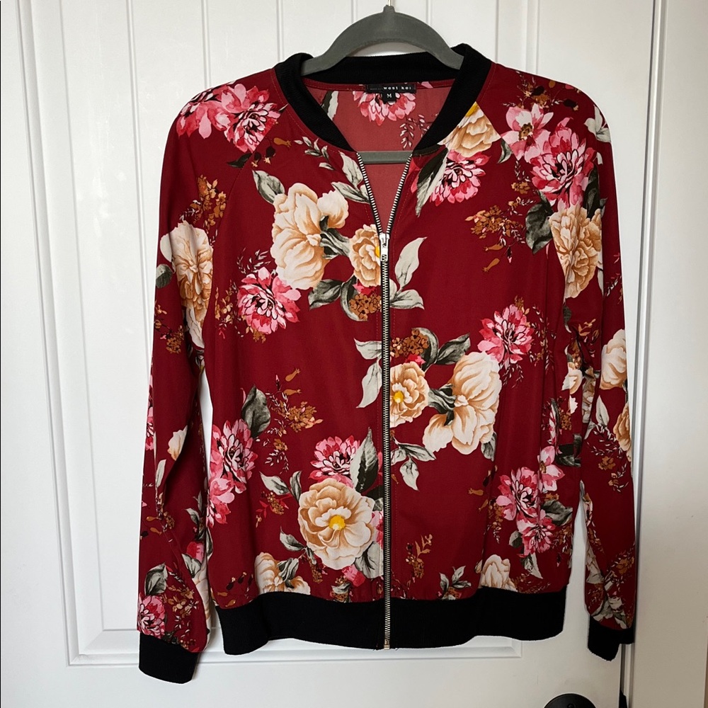 West Kei Burgundy Floral Bomber Jacket